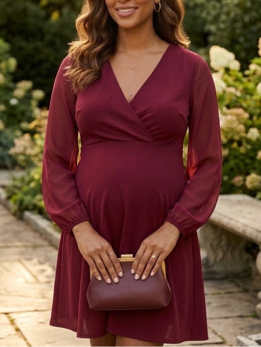 NEW Size S Motherhood Maternity Red V-Neck Faux Wrap Sheer Puff Sleeve Dress